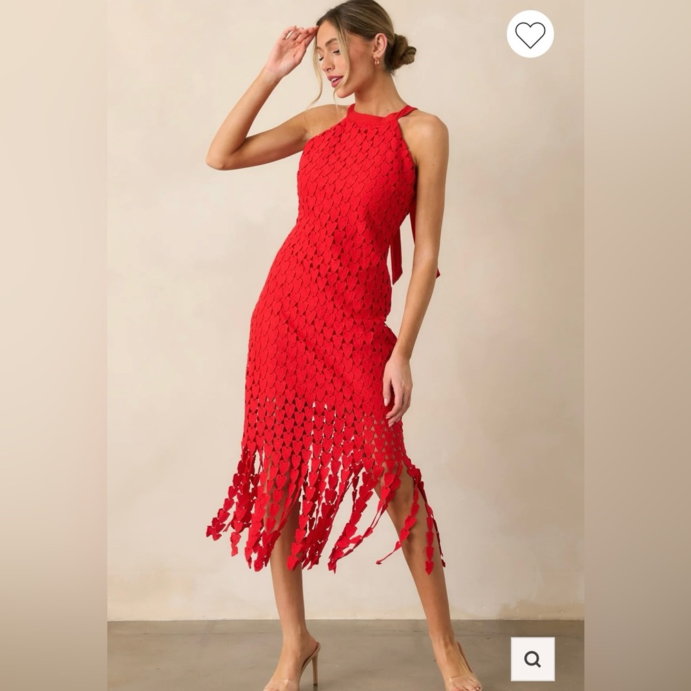 Red Dress Boutique Red Crochet Halter Fringe Midi